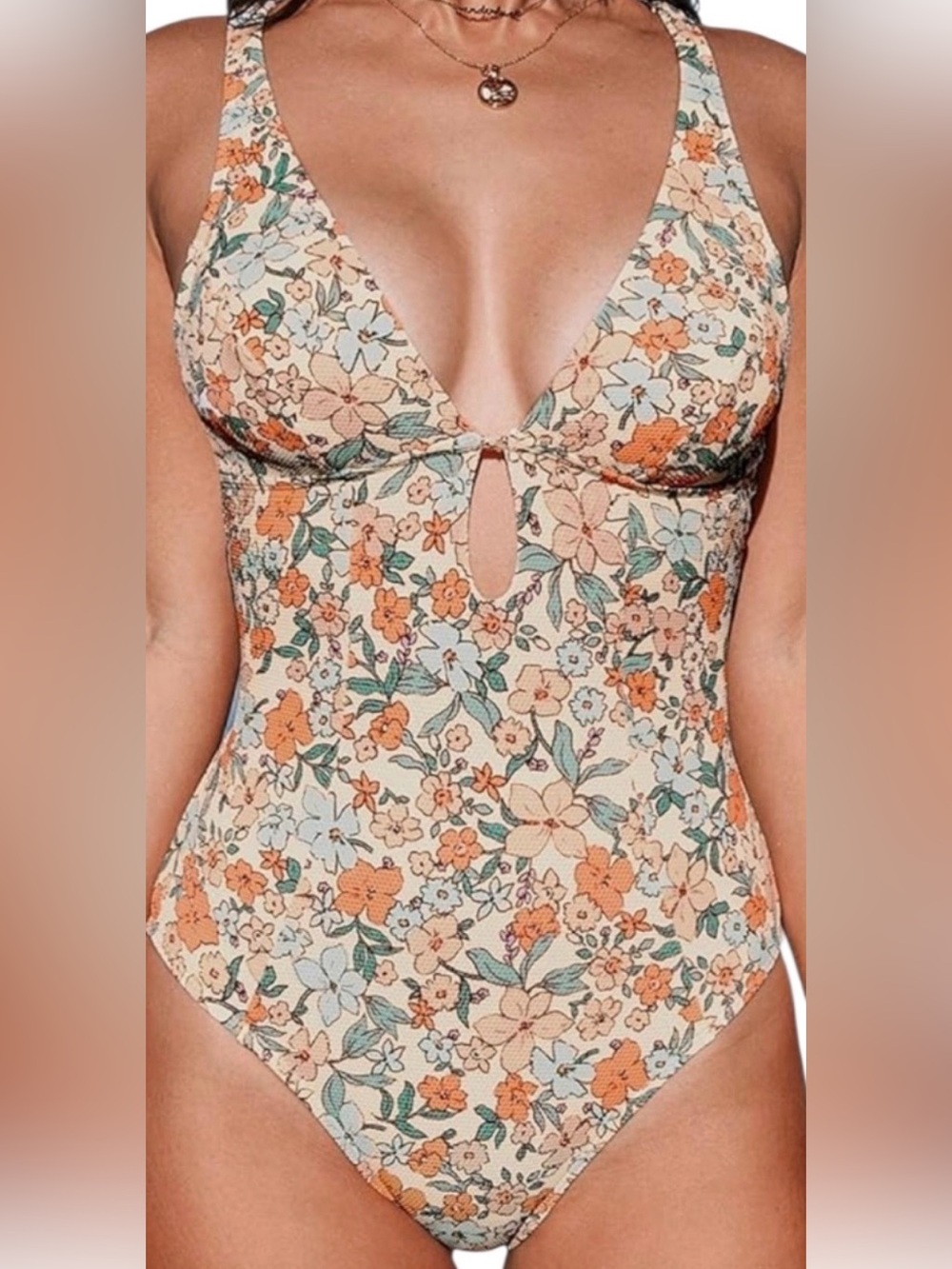 CUPSHE Women's One Piece Swimsuit Deep V Neck Keyhole Cutout O Ring, Sz XL